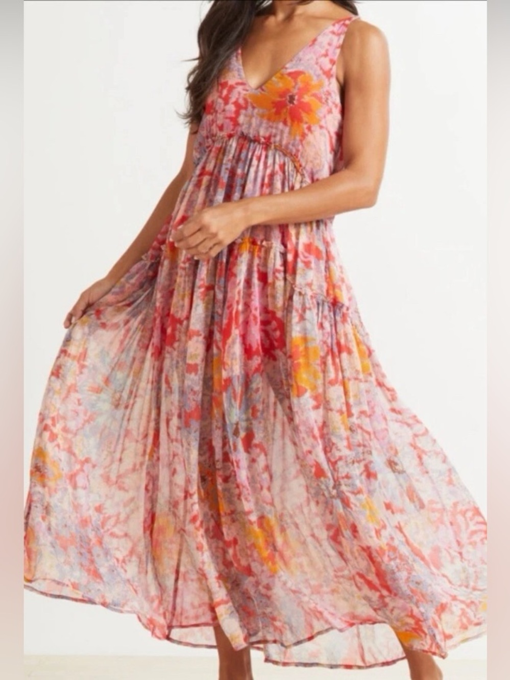Free People Julianna Maxi Dress  XS Cherry Floral Oversized Flowy Tiered Resort